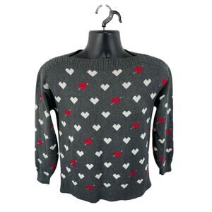 Loft Heart Print Boatneck Sweater Knit Size XS AOP Grey Red Preppy Camp